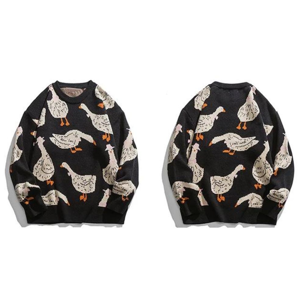 Querina Duck Mønstret Sweater – Dame Strik Sweater med Rund Hals