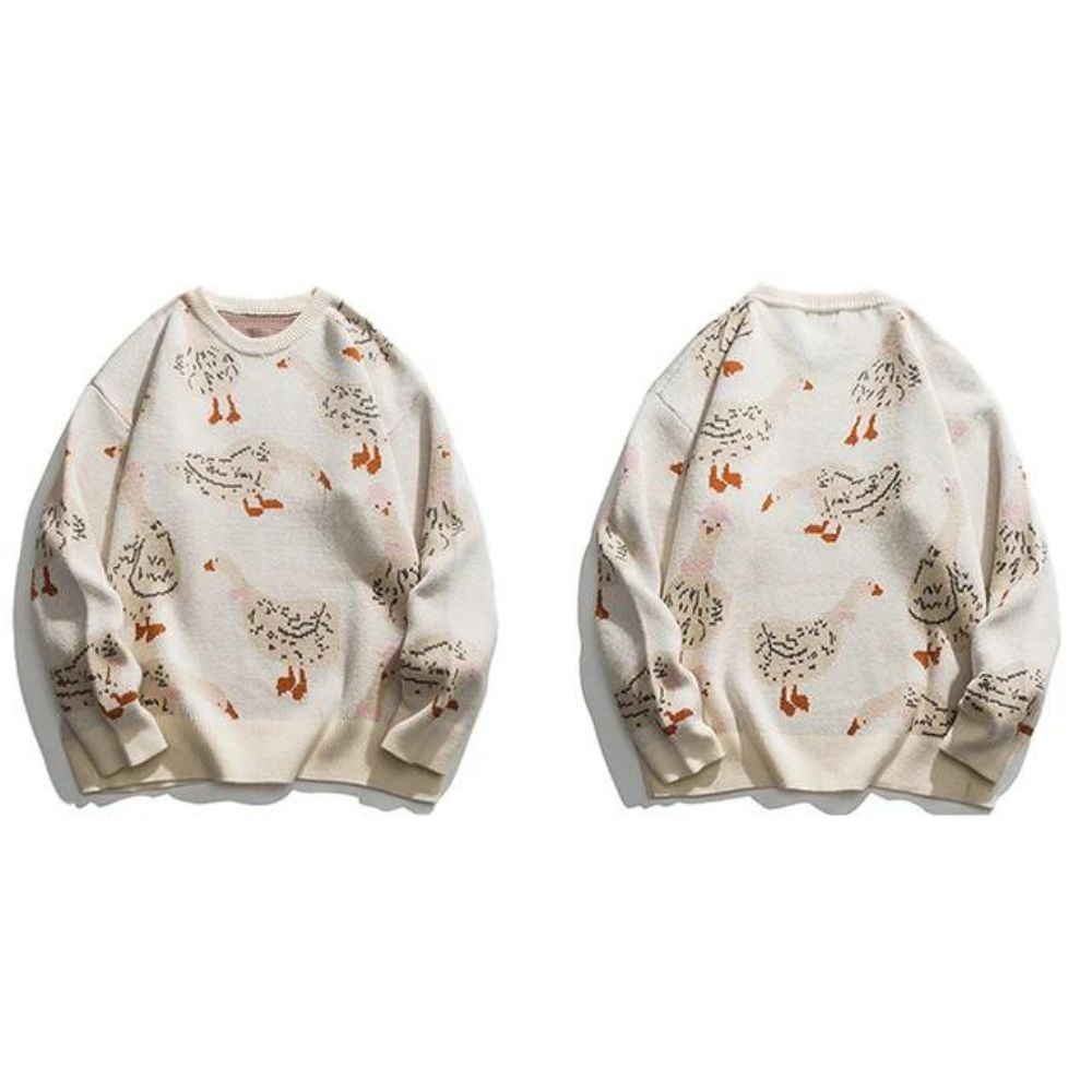 Querina Duck Mønstret Sweater – Dame Strik Sweater med Rund Hals