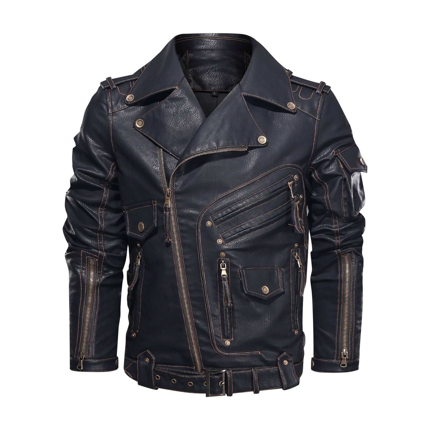 Men's Biker Jacket in Genuine Leather – Asymmetric Zipper and Belt