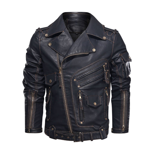 Men's Biker Jacket in Genuine Leather – Asymmetric Zipper and Belt