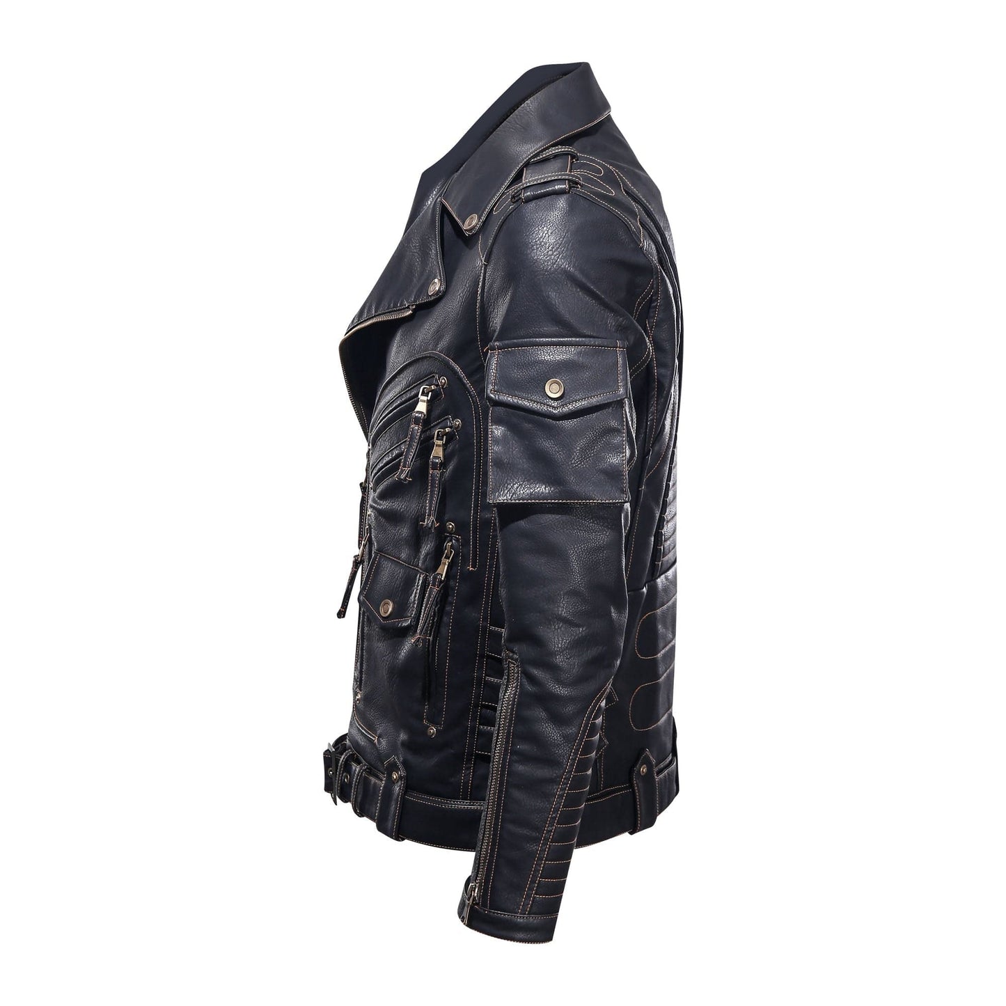 Men's Biker Jacket in Genuine Leather – Asymmetric Zipper and Belt