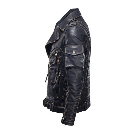 Men's Biker Jacket in Genuine Leather – Asymmetric Zipper and Belt