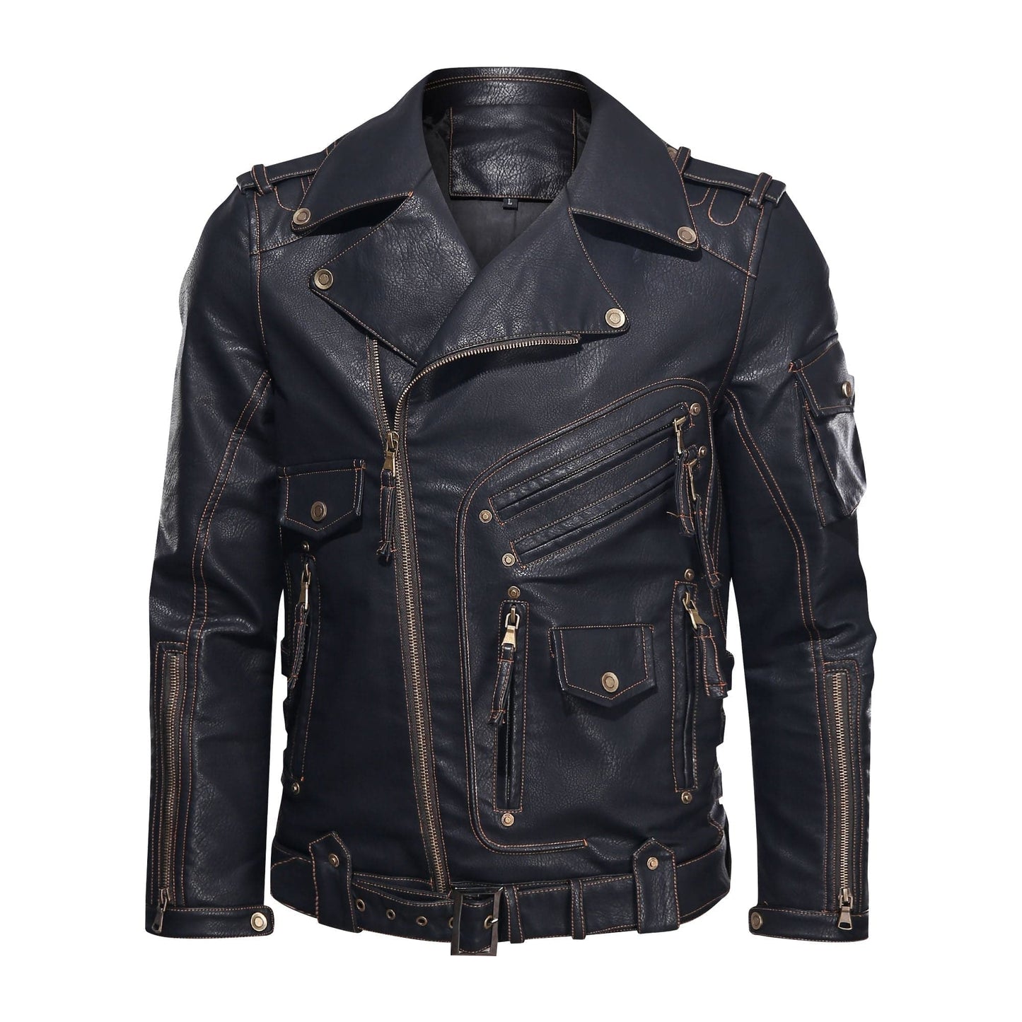 Men's Biker Jacket in Genuine Leather – Asymmetric Zipper and Belt