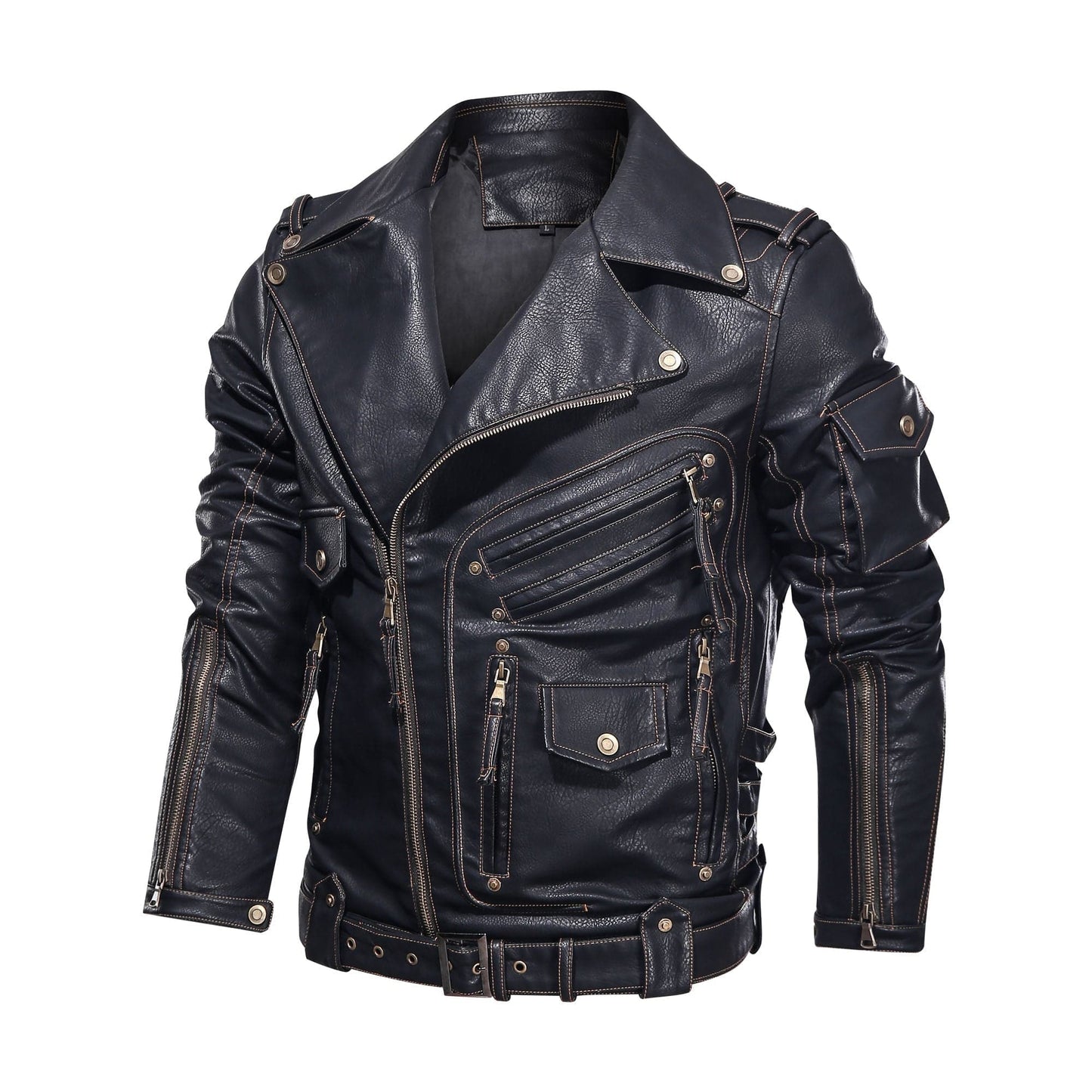 Men's Biker Jacket in Genuine Leather – Asymmetric Zipper and Belt
