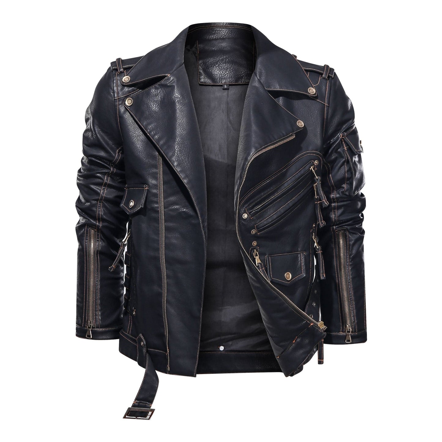 Men's Biker Jacket in Genuine Leather – Asymmetric Zipper and Belt