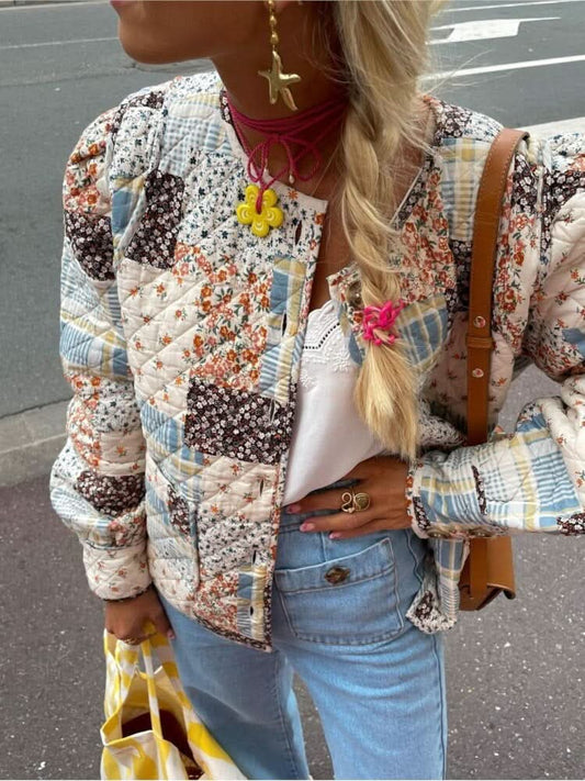 Vintage Dam Jacket Quilted – Patchwork Design with Long-Sleeved Relaxed Fit