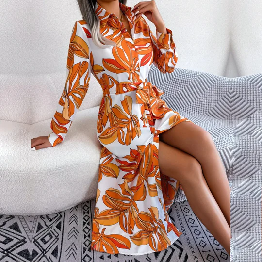 Allegra | Elegant Floral Shirt Dress with Tie Band