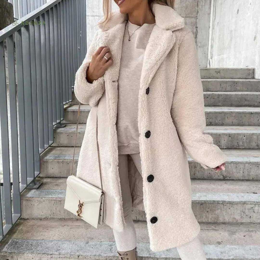 Brynja – Oversized lang teddyfleecejakke med bløde knapper
