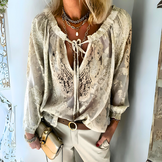 Lisa | Bohemian transparent crocheted blouse with tie collar