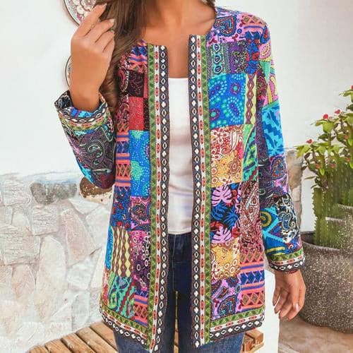 Bohemian Down Jacket – Long Oversized Jacket with Open Front and Decorative Details