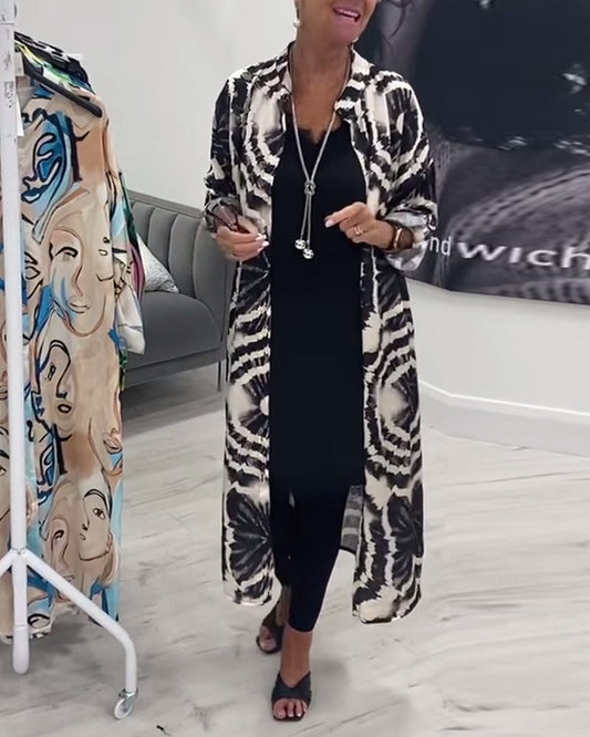 Orlisse Long Coat with Retro Contrast Print – Stylish Outerwear for Women