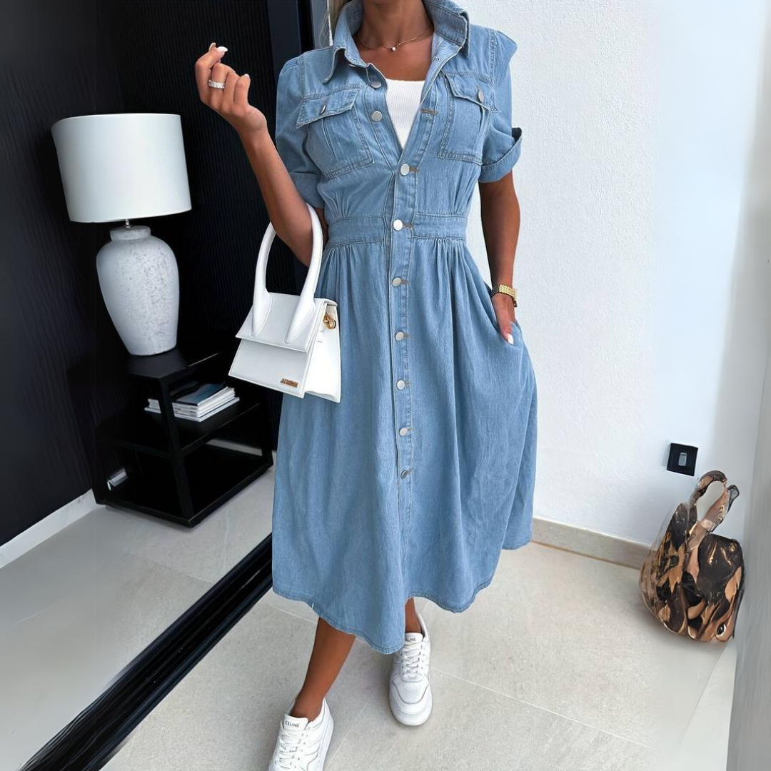 MAJA | Denimklänning med Fickor & Klassisk Skjortkrage