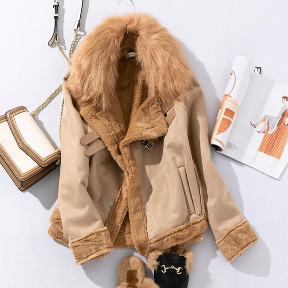 Shearling Down Jacket – Biker Style with Asymmetric Zipper and Adjustable Buckles
