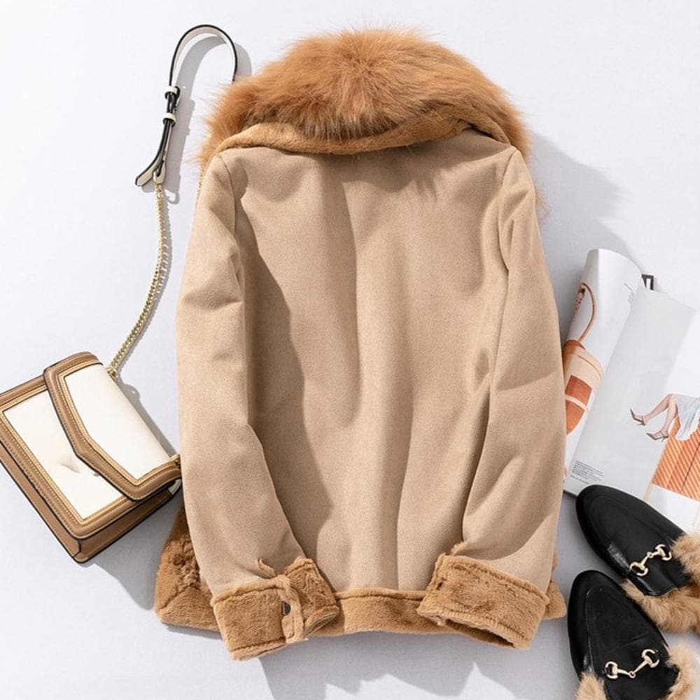 Shearling Down Jacket – Biker Style with Asymmetric Zipper and Adjustable Buckles