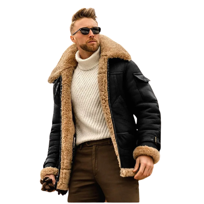 Bomber jacket in genuine leather for men – Warm lining in sheepskin