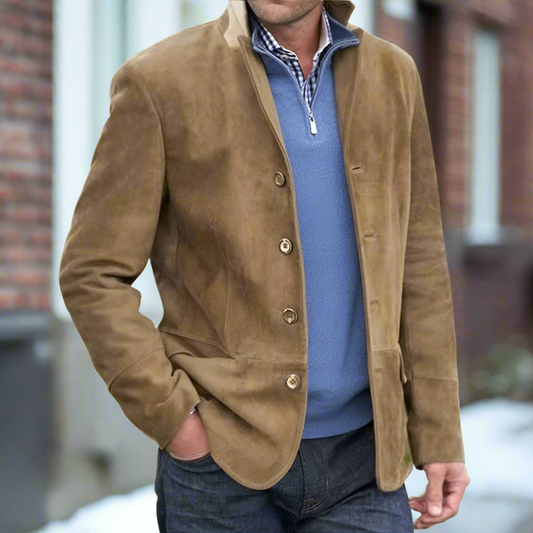Men's Suede Jacket – Leather Jacket with Button Closure, Stand Collar & Functional Pockets