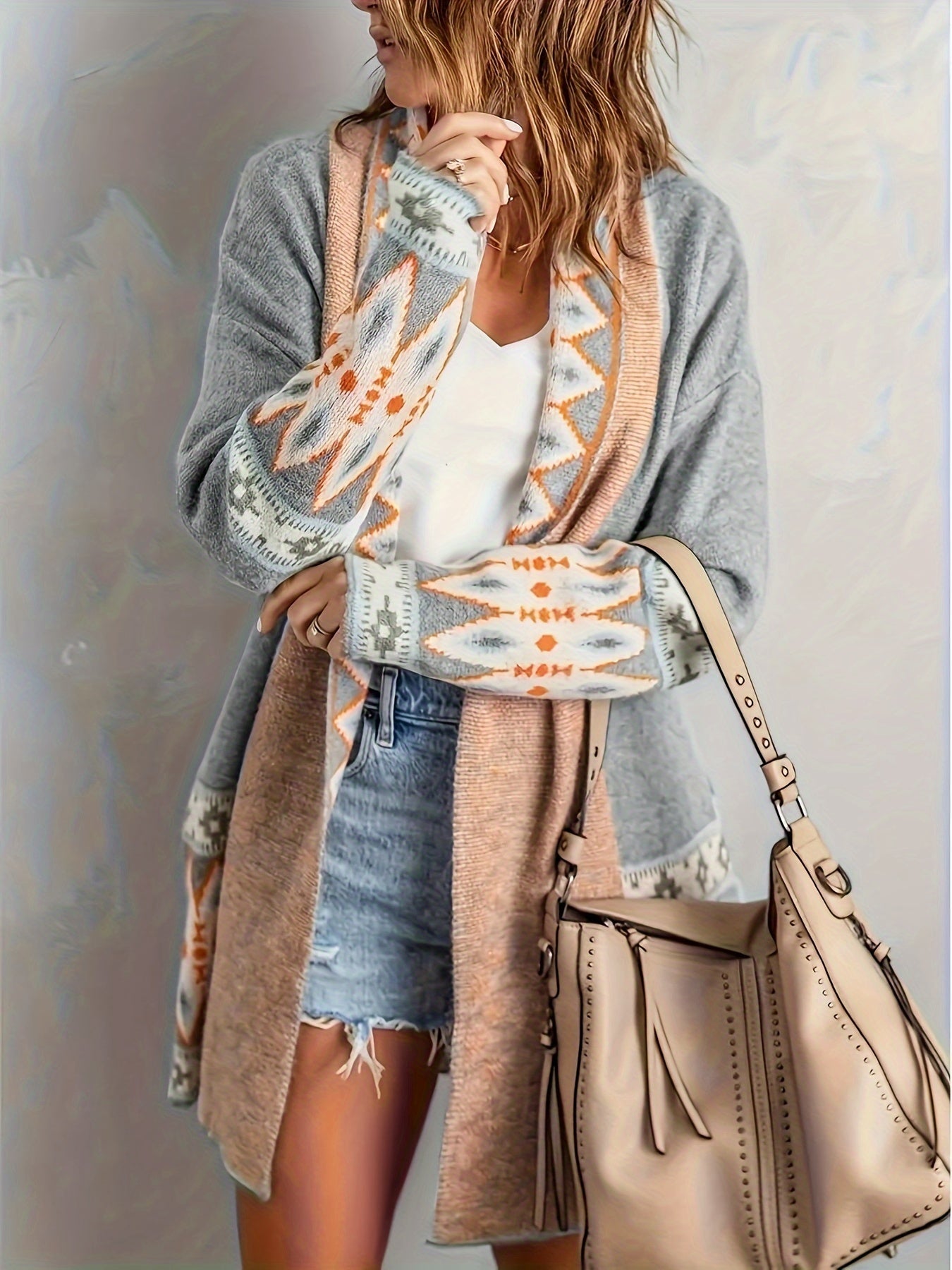 Élodie™ | Geometric Patterned Wool Knitted Cardigan