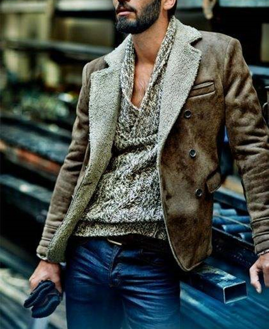 Suede Men's Jacket with Shearling Lining – Double-Breasted & Classic Fit