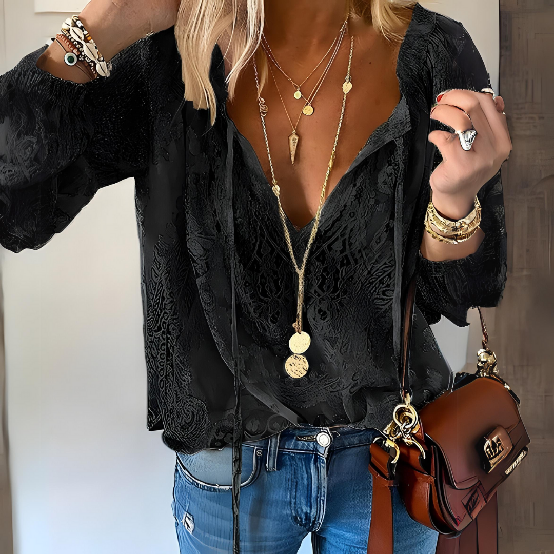 Lisa | Bohemian transparent crocheted blouse with tie collar