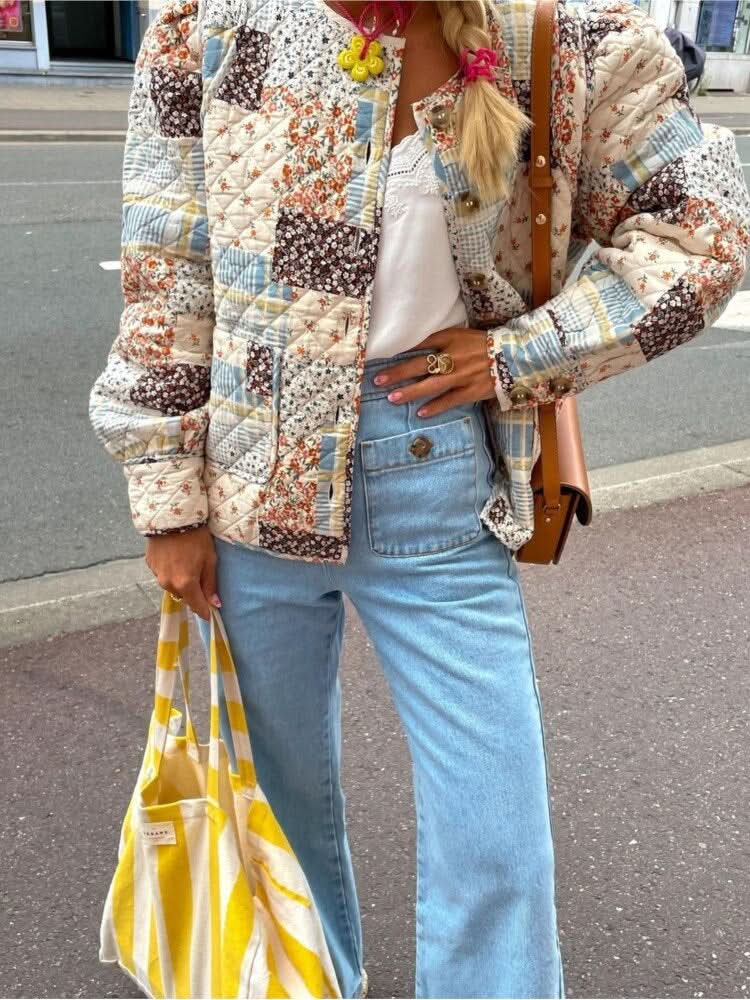 Vintage Dam Jacket Quilted – Patchwork Design with Long-Sleeved Relaxed Fit