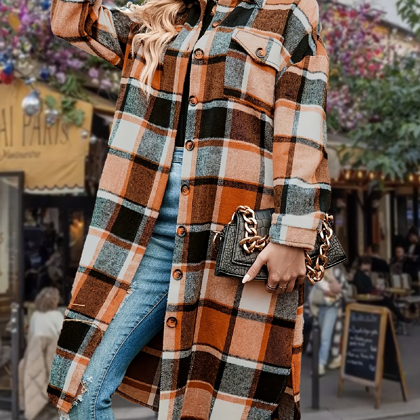 CLARISSE™ | Elegant Long Tweed Coat in Black & White
