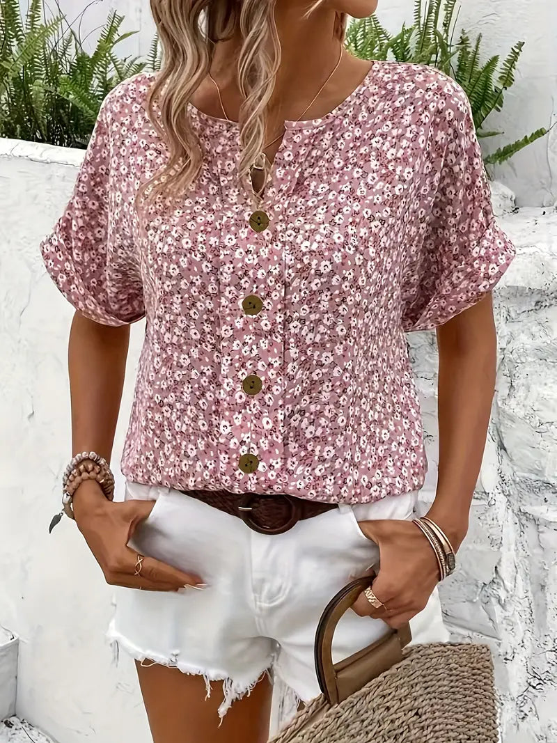 Lovisa | Floral short-sleeved button-up blouse with loose fit