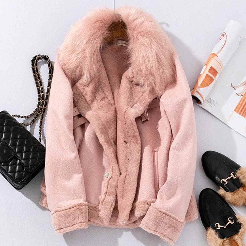 Shearling Down Jacket – Biker Style with Asymmetric Zipper and Adjustable Buckles