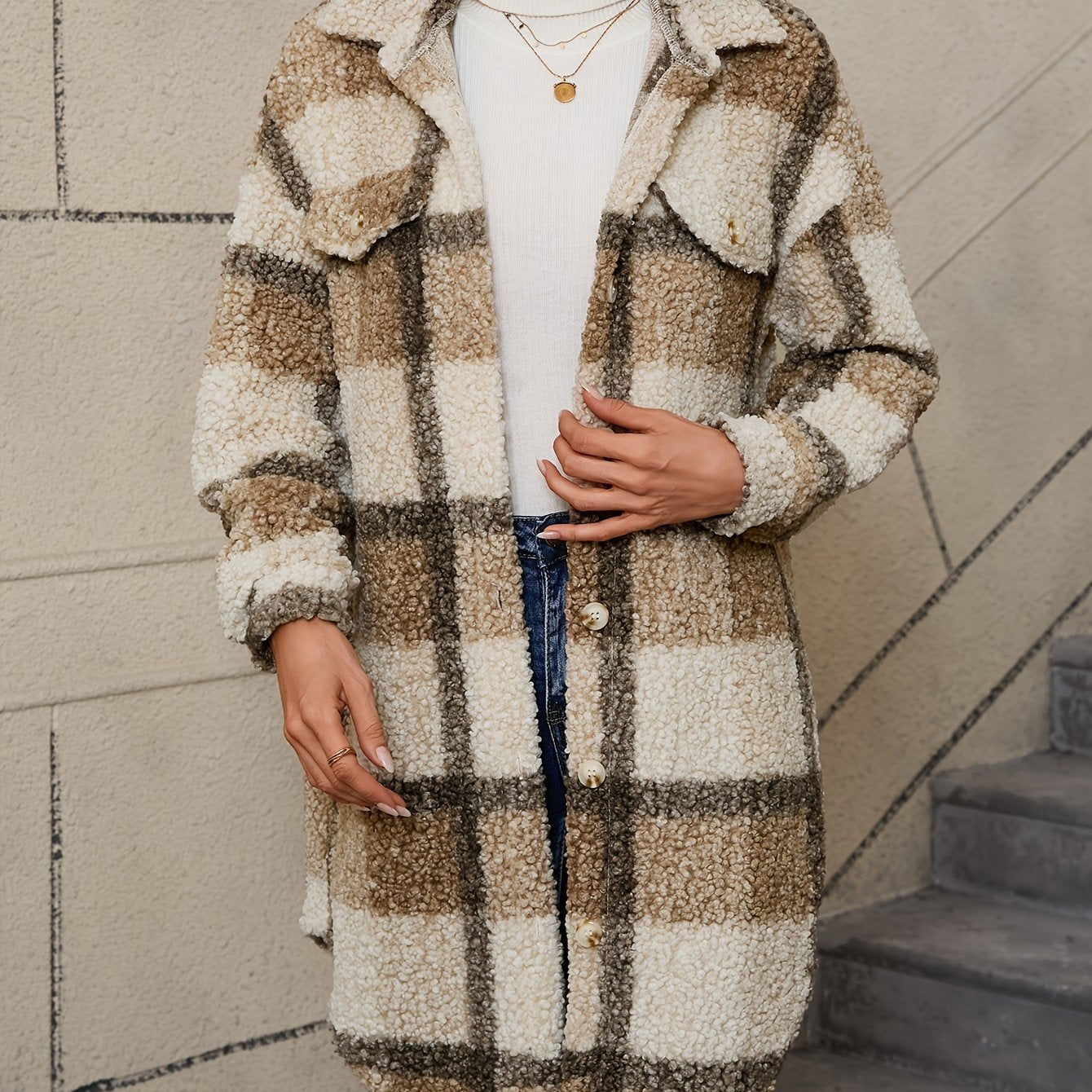 Freja™ | Long Fuzzy Jacket with Checkered Pattern & Button Closure