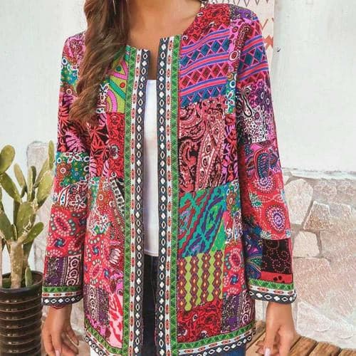 Bohemian Down Jacket – Long Oversized Jacket with Open Front and Decorative Details