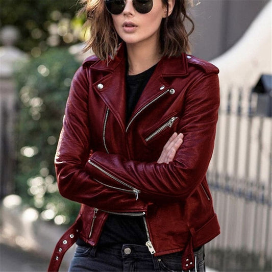 Veste en cuir véritable Tildora style biker – fermeture éclair asymétrique et ceinture pour femmes