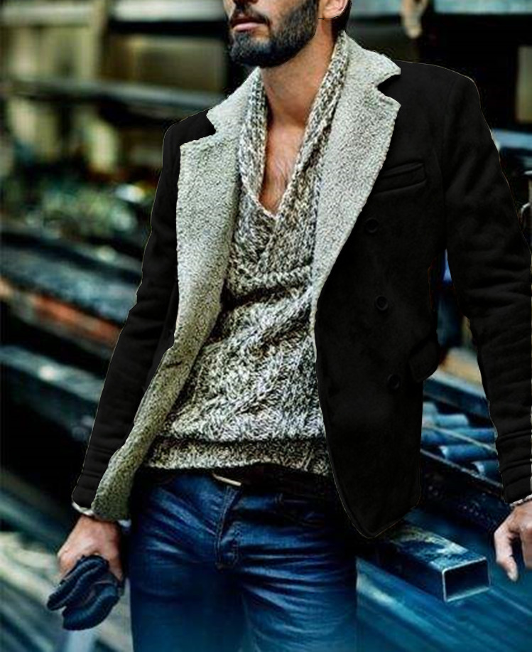 Suede Men's Jacket with Shearling Lining – Double-Breasted & Classic Fit