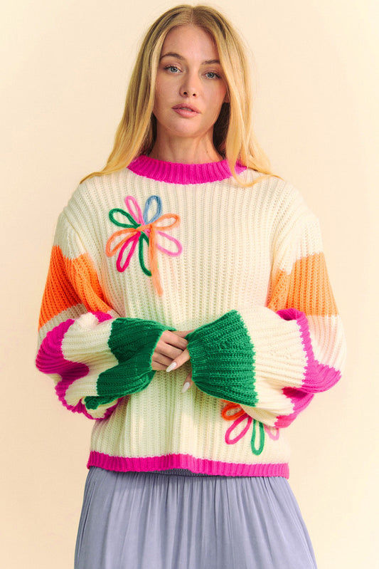 Seraphina Color Blocking Floral Sweater – Stilfuld strikket sweater til kvinder