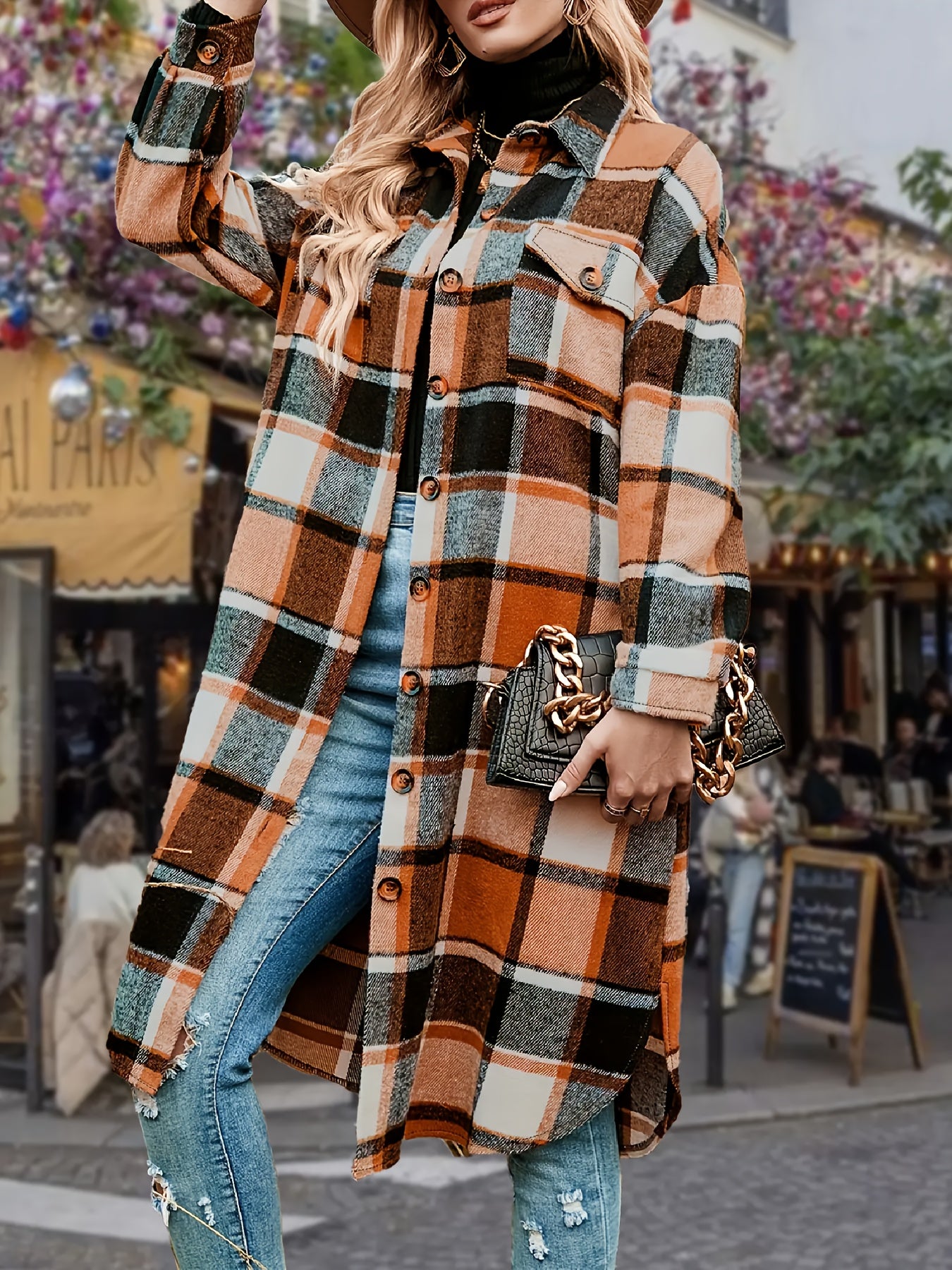 CLARISSE™ | Elegant Long Tweed Coat in Black & White