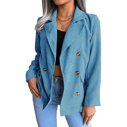Skyria – Tailored Corduroy Blazer with Double Buttons and Ribbed Textures