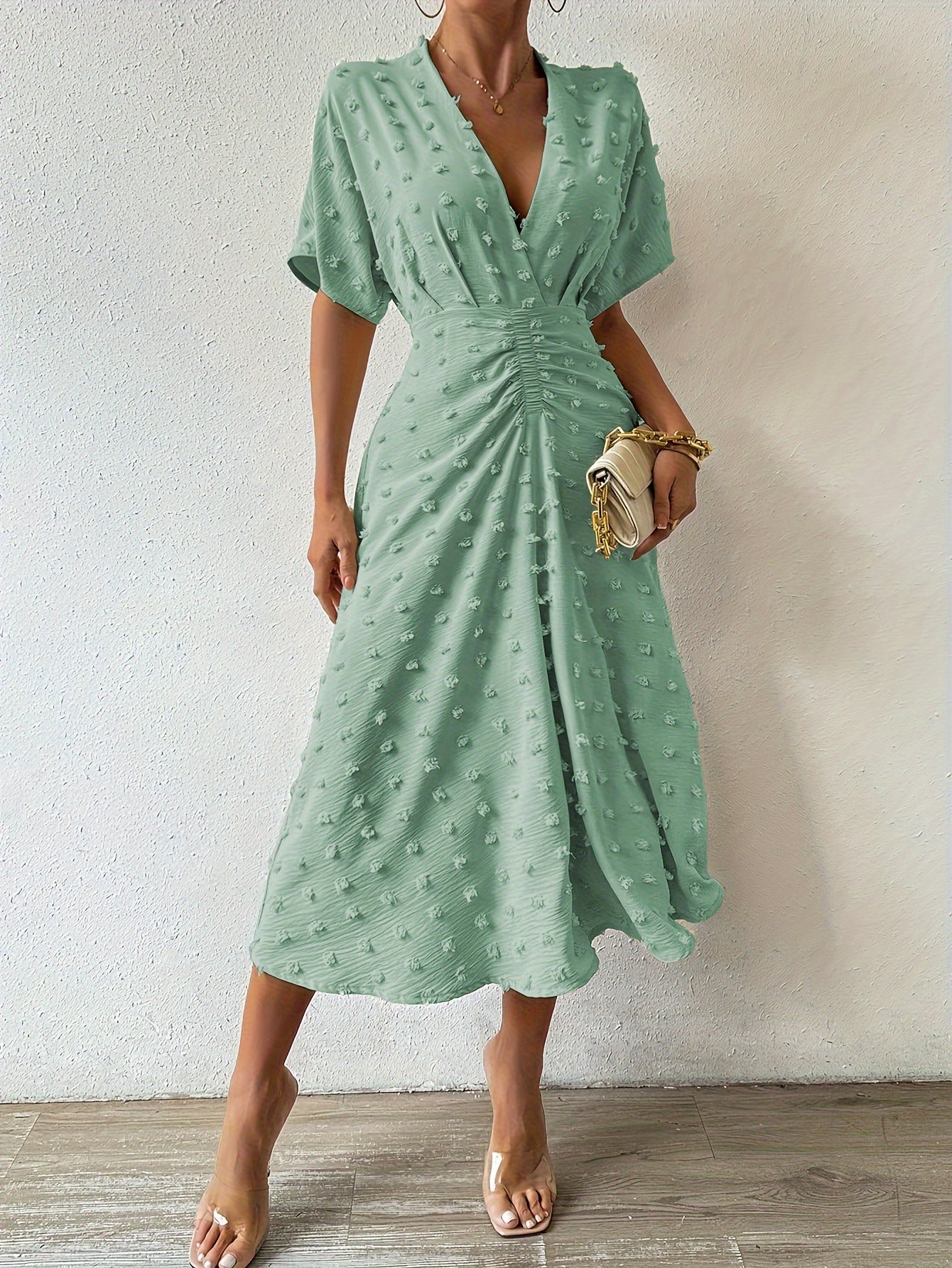 Felicia – Polka Dot Midi Dress with Elegant Ruching Detail