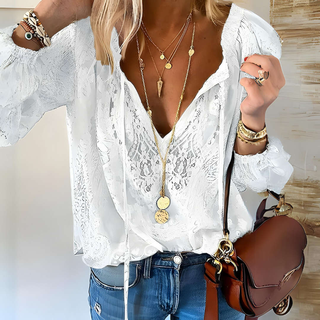 Lisa | Bohemian transparent crocheted blouse with tie collar