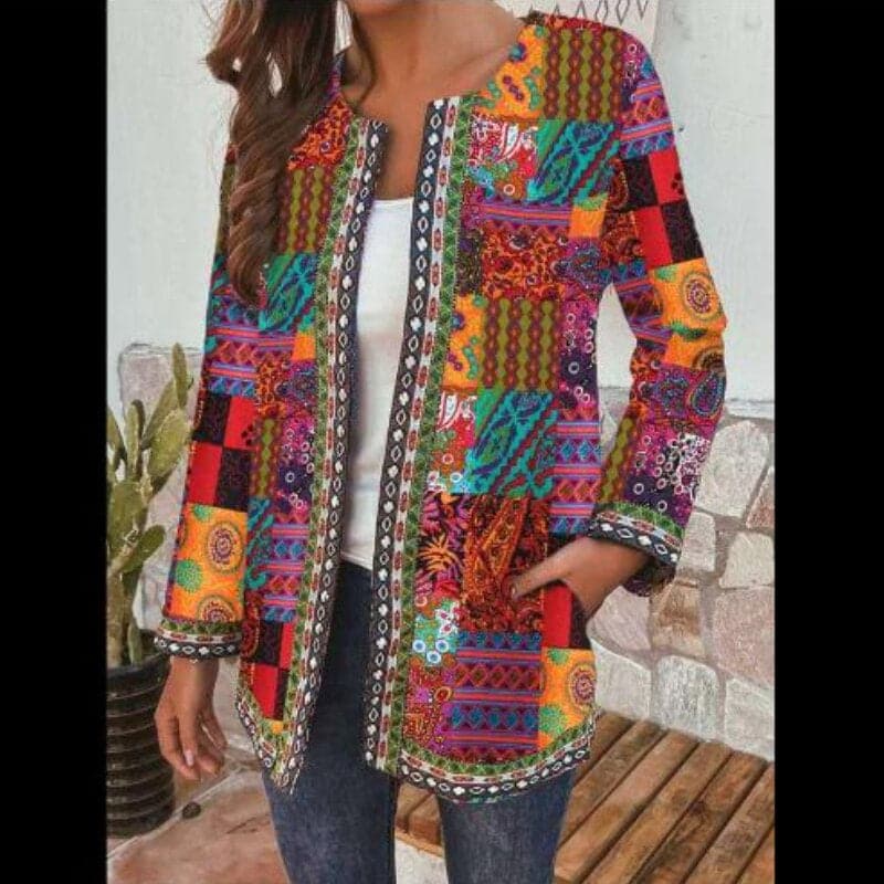 Bohemian Down Jacket – Long Oversized Jacket with Open Front and Decorative Details