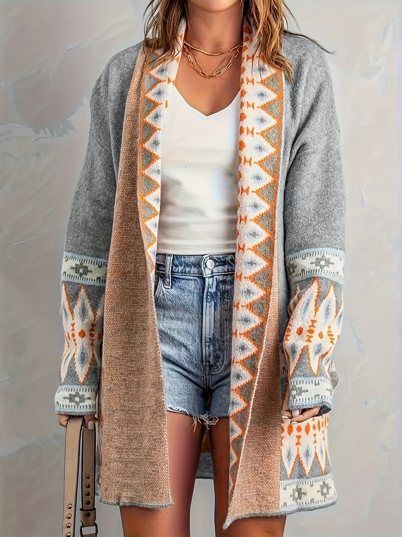 Élodie™ | Geometric Patterned Wool Knitted Cardigan