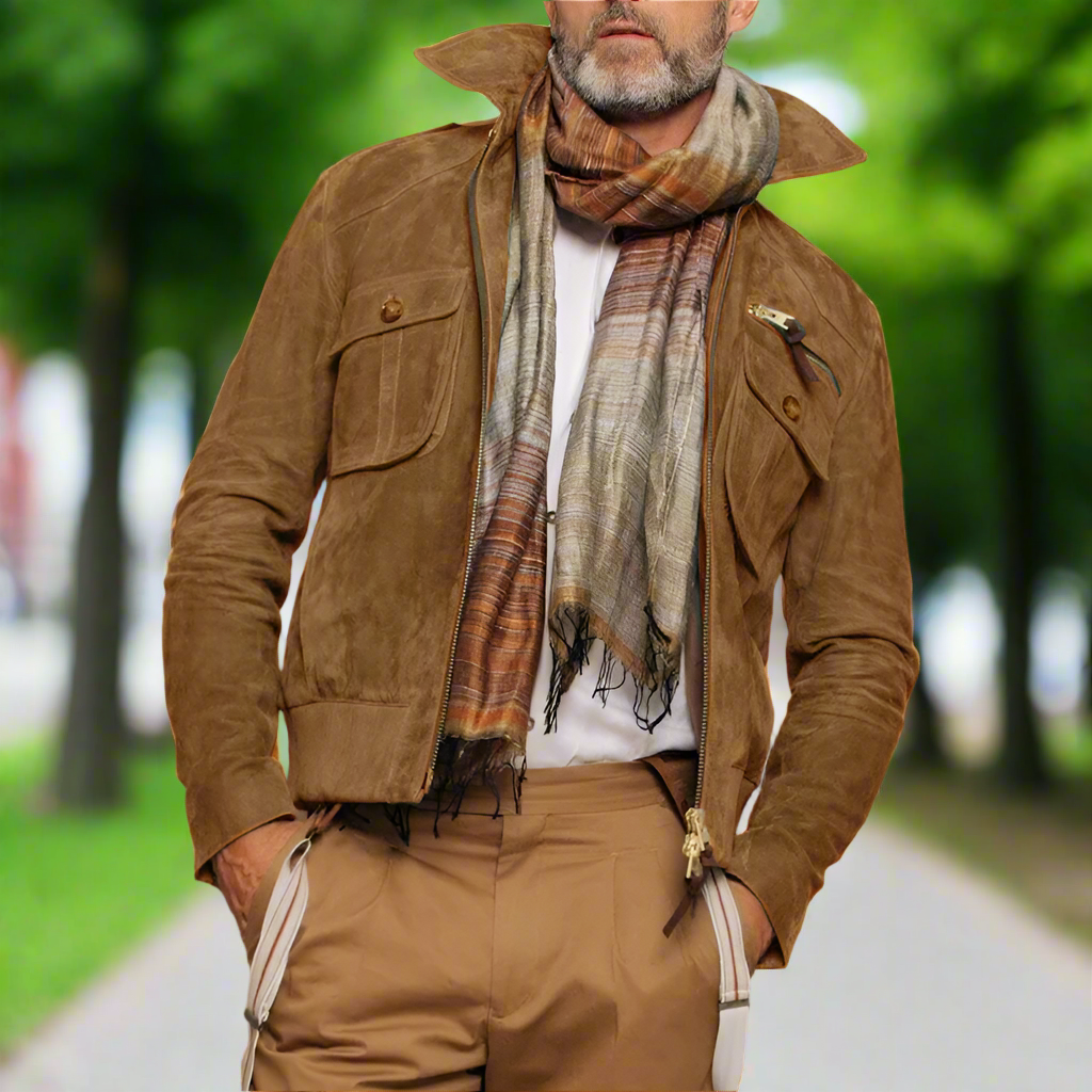 Men's Jacket in Genuine Suede – Slim Fit with Zipper and Chest Pockets