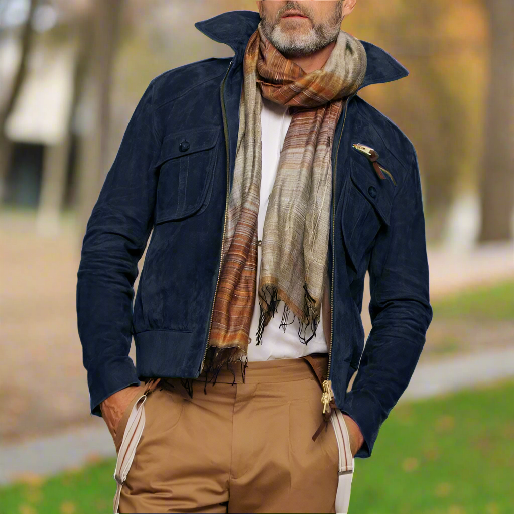 Men's Jacket in Genuine Suede – Slim Fit with Zipper and Chest Pockets
