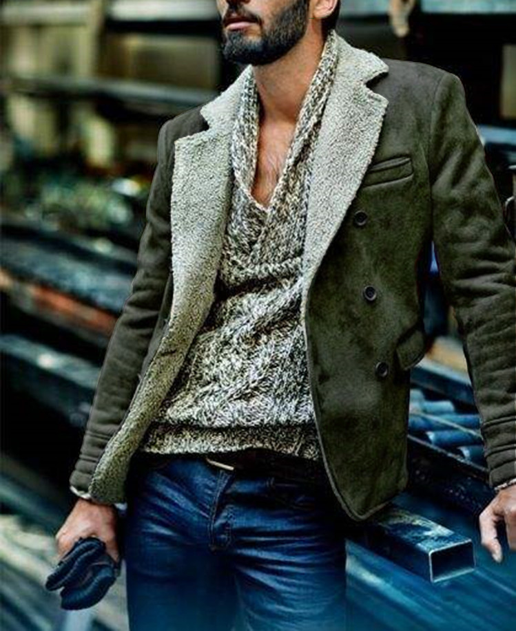 Suede Men's Jacket with Shearling Lining – Double-Breasted & Classic Fit