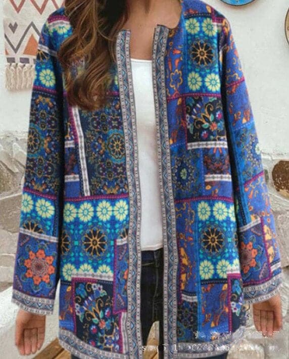 Bohemian Down Jacket – Long Oversized Jacket with Open Front and Decorative Details