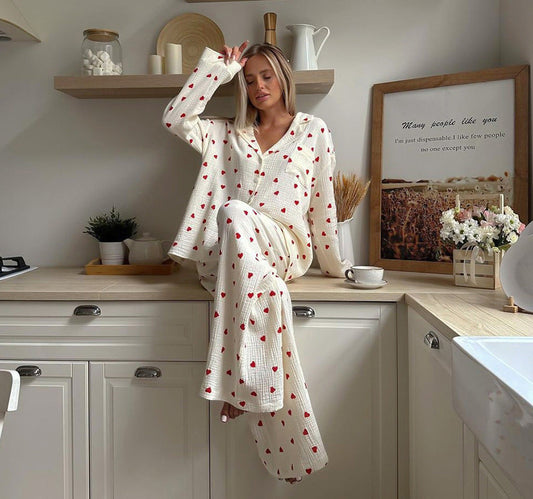 Lyssia Pajama Set | Light & Romantic with Heart Print