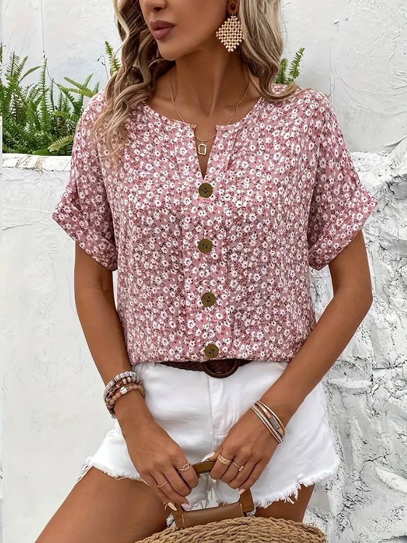 Lovisa | Floral short-sleeved button-up blouse with loose fit