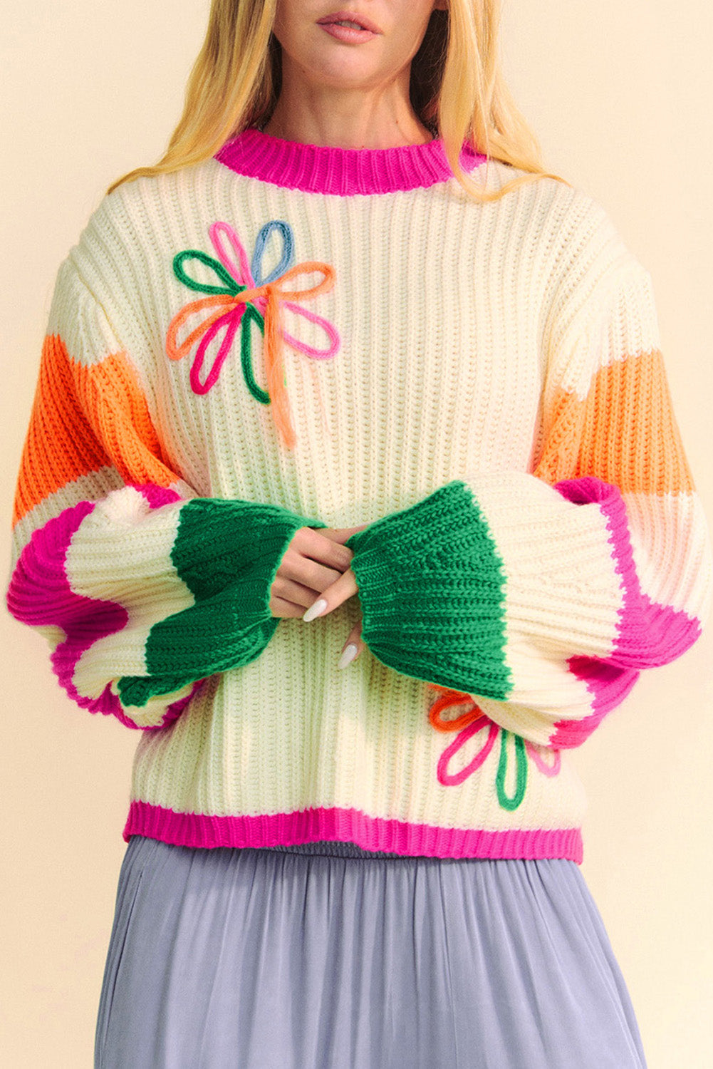 Seraphina Color Blocking Floral Sweater – Stilfuld strikket sweater til kvinder