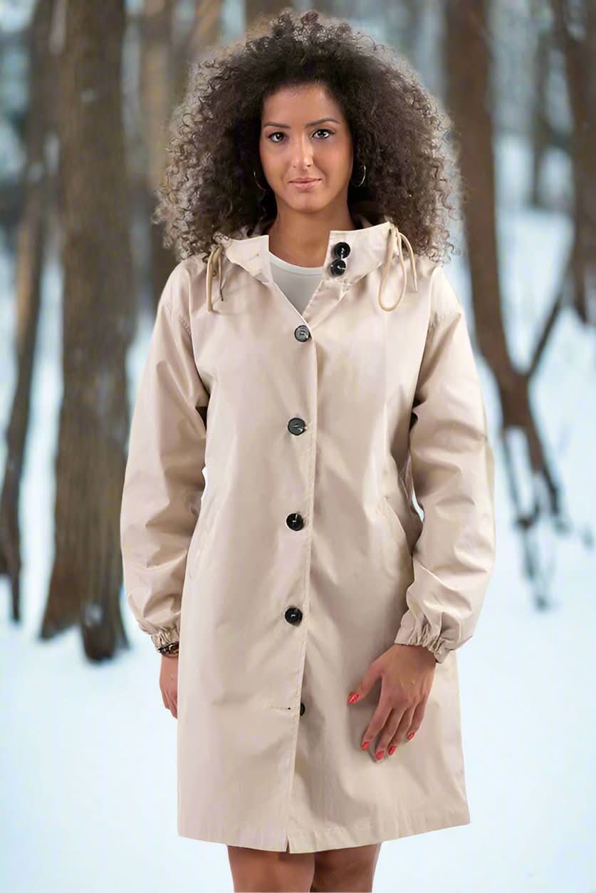 Dam Rain Jacket Knee-Length – Waterproof With Hood and Button Closure