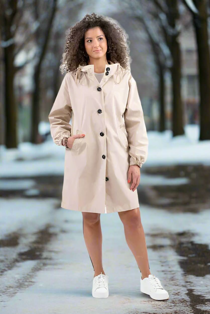 Dam Rain Jacket Knee-Length – Waterproof With Hood and Button Closure