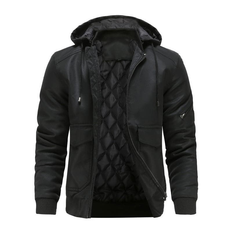 Stylish men's jacket in leather look – Hood with drawstring and ribbed cuff