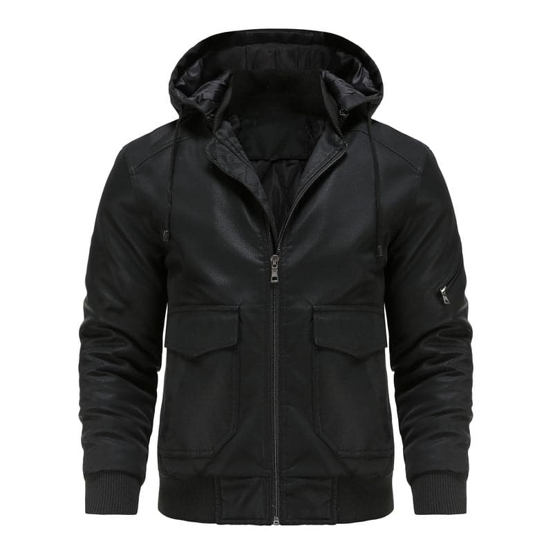 Stylish men's jacket in leather look – Hood with drawstring and ribbed cuff