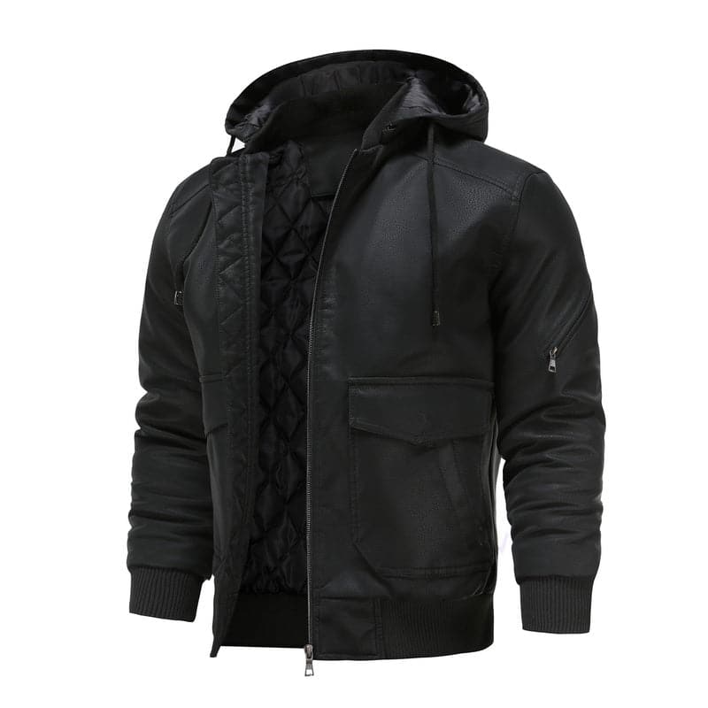 Stylish men's jacket in leather look – Hood with drawstring and ribbed cuff